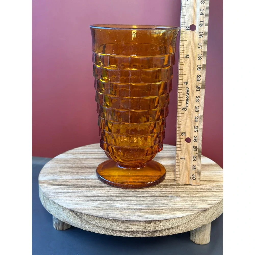 Vintage Amber Indiana Glass Footed Tumbler Whitehall Cubist Pattern Mid Century